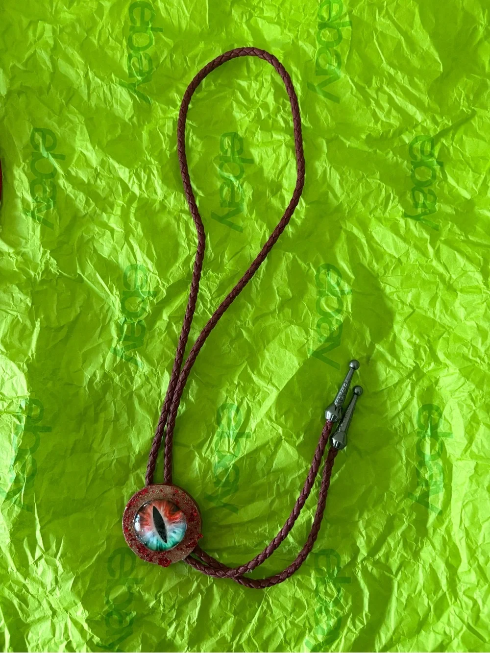 Handmade Dragon Eye Bolo Tie in Red and Teal